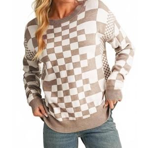 NEW SHEWIN checkered drop shoulder round neck sweater in khaki